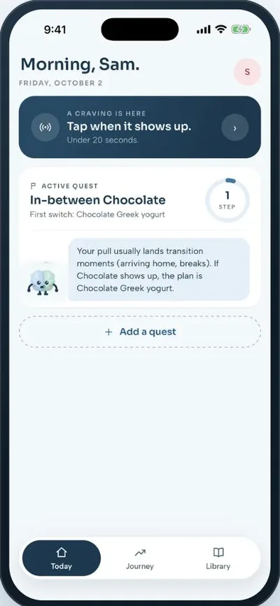 Crave & Switch app — today screen with an active quest