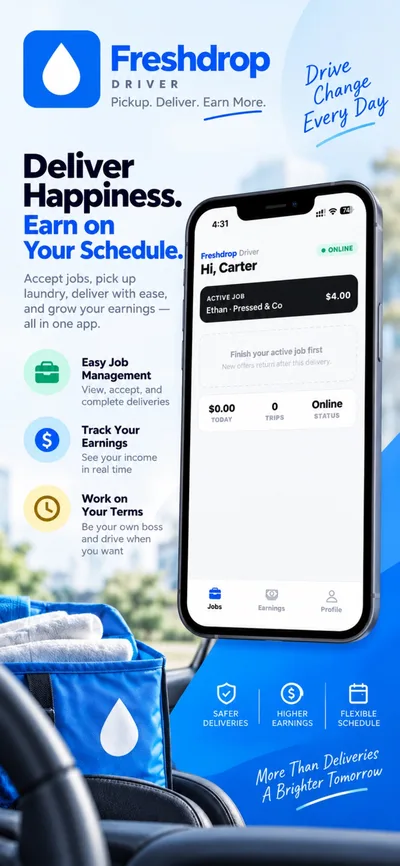 FreshDrop driver app — active jobs and earnings