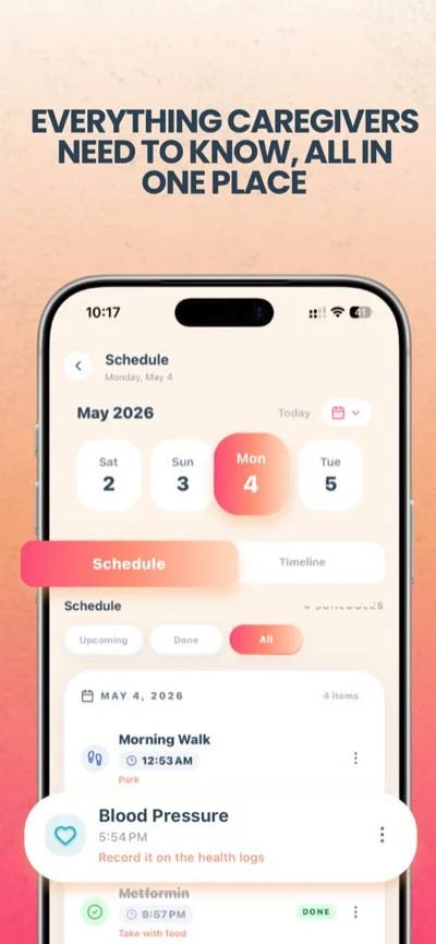 Hyey family caregiver app — care coordination screen
